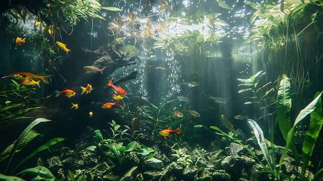 Aquarium with tropical fish jungle landscape with nature forest design tank with variety plants fish drift wood rock stone underwater landscape with a variety of aquatic plants inside : Generative AI