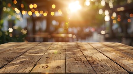 Poster - Empty wooden table and blurred background of abstract in front of restaurant or coffee shop for display of product or for montage : Generative AI