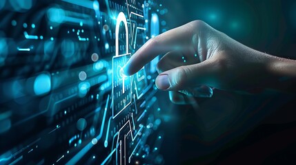 Fototapete - technology login information security privacy business protection protect padlock password touching padlock hud to view cloud technology system that tech is protect your data and secur : Generative AI