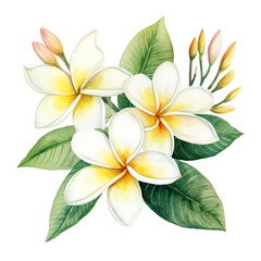 A beautiful watercolor illustration of white and yellow plumeria flowers with green leaves. Perfect for design and decor purposes.