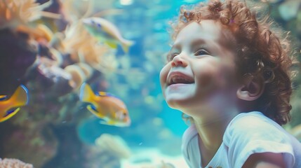 Happy laughing boy and his adorable toddler sister cute little curly girl watching fishes in a tropical aquarium with coral reef wild life having fun together on a day trip to a modern : Generative AI