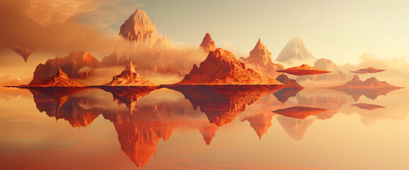 Sticker - 3D rendering of a surreal landscape with smooth, floating mountains and an arching water surface
