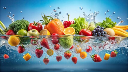 Wall Mural - Fresh multi fruits and vegetables splashing into clear water, healthy food diet freshness concept, fruits, vegetables, fresh