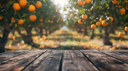 Empty wood table with free space over orange trees orange field background For product display montage : Generative AI