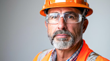 A close-up portrait of a construction worker wearing safety gear