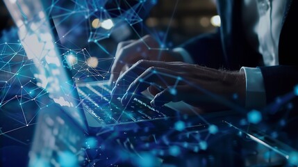 Leinwandbilder - Cyber security network Data protection concept Businessman using laptop computer with biometric identification on internet technology network with cloud computing and data management c : Generative AI