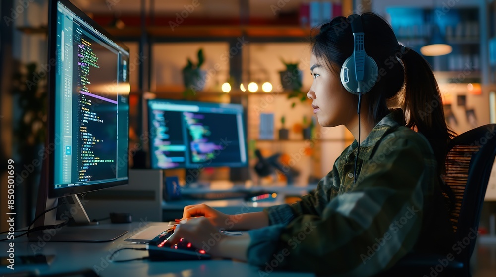Female Asian Game Programmer Coding On Desktop Computer In Game ...