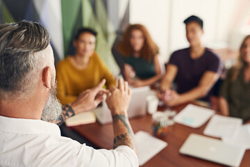 Poster - Blur, speaker or hands of man in presentation for teaching, education or skill development in meeting. Business workshop, mature mentor or leader talking in training, coaching or learning opportunity