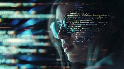 Fototapete - Software data hologram and woman with code analytics information technology and gdpr overlay Programmer coding or IT person in glasses reading html script programming and cyber securit : Generative AI