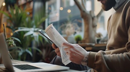 Man reading news online on a smartphone and laptop Reads articles newspaper information concept : Generative AI