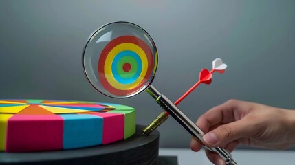 Aufkleber - Unlock potential of business success stairs dart and dartboard targets magnifying glass with hand on gray background Explore opportunities growth embrace steps to achieve ambitions and : Generative AI