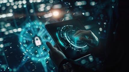 Leinwandbilder - Cyber security network Cybersecurity system technology Businessman protecting data personal information encryption digital padlock on tablet and virtual interface Data protection priva : Generative AI