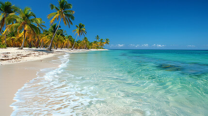 Wall Mural - Tranquil Tropical Beach With Palm Trees and Clear Blue Water