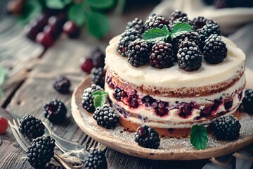 Wall Mural - Cream cake with blackberries on a wooden table.