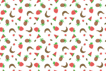 Wall Mural - seamless pattern with fruits: pineapple, watermelon, banana, apple, pear, strawberry. print for wrapping paper. Hand drawn vector illustration. seamless background. Healthy natural vitamin food.