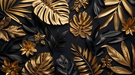 Black and gold plants from above on a black background. Minimalist trend for 2020.