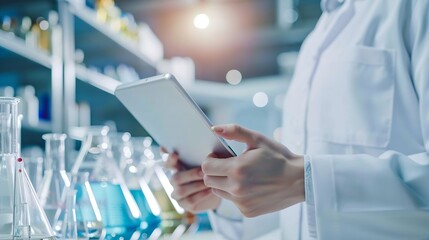 Aufkleber - Tablet scientist and happy for analysis in laboratory healthcare and reading of online pharmaceutical research Asian expert technology or connection for innovation or information in bi : Generative AI