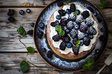 Wall Mural - Cream cake with blackberries and blueberries on a wooden table.