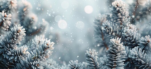 Wall Mural - Close Up of Pine Tree Branches Covered in Frost During a Winter Snowfall