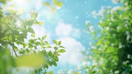 Poster - Beautiful blurred background image of spring nature with surrounded by trees against a blue sky with clouds on a bright sunny day : Generative AI