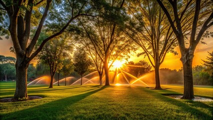 Wall Mural - Sunset view through trees with lawn sprinklers , sunset, trees, evening, nature, beauty, tranquility, landscape, sunlight