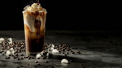 Aufkleber - Ice coffee in a tall glass with cream poured over ice cubes and beans on a dark concrete table Cold summer drink with tubes on a black background with copy space : Generative AI