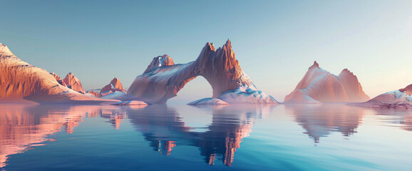 Wall Mural - 3D rendering of a surreal landscape with smooth, floating mountains and an arching water surface