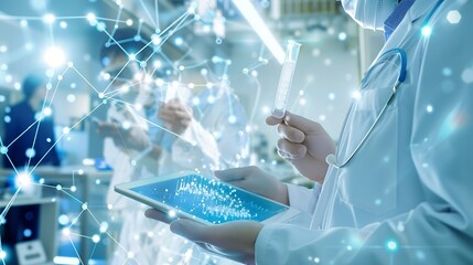 Aufkleber - Tablet scientist and happy for analysis in laboratory healthcare and reading of online pharmaceutical research Asian expert technology or connection for innovation or information in bi : Generative AI