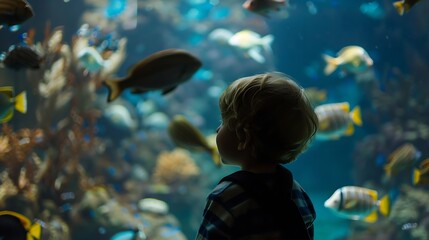 Canvas Print - Kid watching the shoal of fish swimming in oceanarium : Generative AI