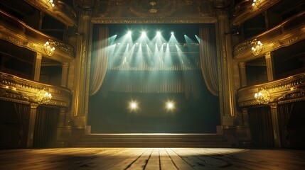 Aufkleber - Wide shot of an Empty Elegant Classic Theatre with Spotlight Shot from the Stage Welllit Opera House with Beautiful Golden Decoration Ready to Recieve Audience for a Play or Ballet Sho : Generative AI