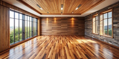 Wall Mural - Empty room with wood floor and walls , empty, room, wood, interior, natural, minimalism, simplicity, flooring, design, architecture