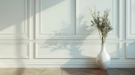 Poster - White classic wall background brown parquet floor home furniture detail frame and vase of plant : Generative AI