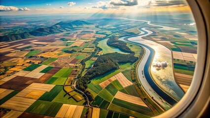Wall Mural - Aerial view of patchwork fields and winding rivers from airplane window, travel, transportation, landscape, scenic