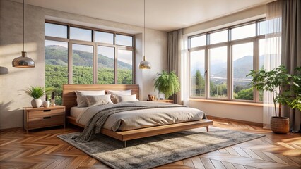 Wall Mural - Cozy bedroom with a window view, a comfortable bed, and a rug , cozy, bedroom, window, view, comfortable, bed, rug, interior
