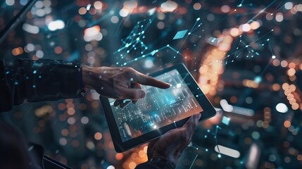 Poster - Digital technology internet global network technology concept Business man using digital tablet computer with global internet network connection smart city background data exchange eco : Generative AI