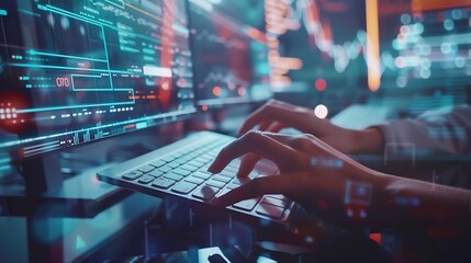 Aufkleber - Hands person and typing on keyboard for research information and data with system technology Woman screen and overlay with coding or software update and programming or upgrade on cyber : Generative AI