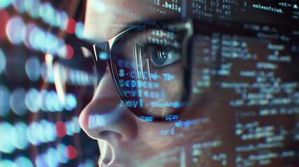 Fototapete - Software data hologram and woman with code analytics information technology and gdpr overlay Programmer coding or IT person in glasses reading html script programming and cyber securit : Generative AI