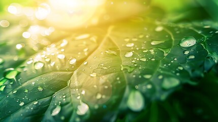 Poster - Large beautiful drops of transparent rain water on a green leaf macro Drops of dew in the morning glow in the sun Beautiful leaf texture in nature Natural background : Generative AI