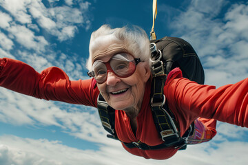 Senior woman enjoying a skydiving experience, freefalling through the sky with a look of exhilaration.