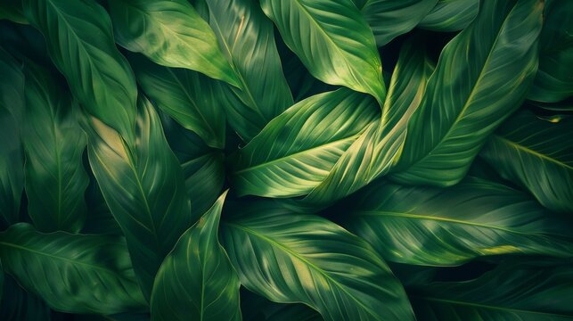 A composition of vivid green leaves showing natural symmetry and a rich pattern of lines and textures