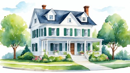 Wall Mural - cute house watercolor painting front facade exterior on plain white background art