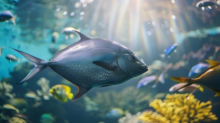Aquarium of large fish with light rays hitting the glass : Generative AI