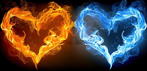 Two neon yellow and blue hearts made with a fire effect on a black background