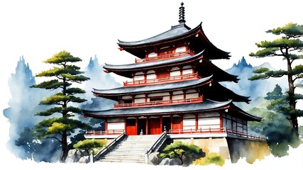 Wall Mural - japanese temple watercolor painting front facade exterior on plain white background art