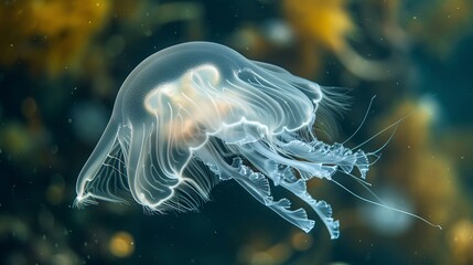 Wall Mural - Jellyfish, known as Rhizostoma pulmo, float effortlessly in the ocean depths. With their translucent bodies, they resemble graceful parachutes, drifting through the water like ethereal dancers.