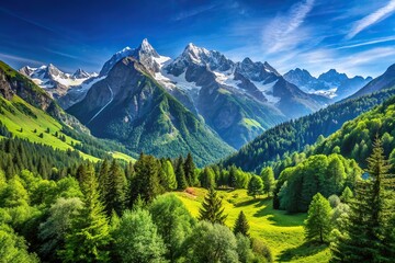 Wall Mural - Mountain landscape with lush greenery under a clear blue sky, mountains, green, nature, outdoors, landscape, sky, clouds