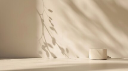 Leinwandbilder - Minimalistic abstract gentle light beige background for product presentation with light andand intricate shadow from the window and vegetation on wall : Generative AI