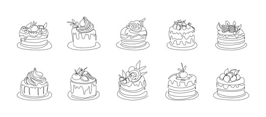 Wall Mural - One line drawing of cakes. Continuous contour sketch of pastry dessert, minimal sweet bakery outline icons, cafe menu concept. Vector isolated set