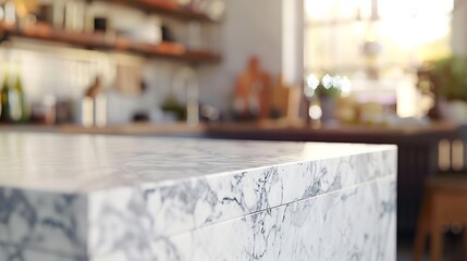 Wall Mural - Close up photo of contemporary kitchen island with marble table top with kitchen blurry loose focal background : Generative AI