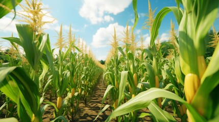 Corn cobs in corn plantation field.